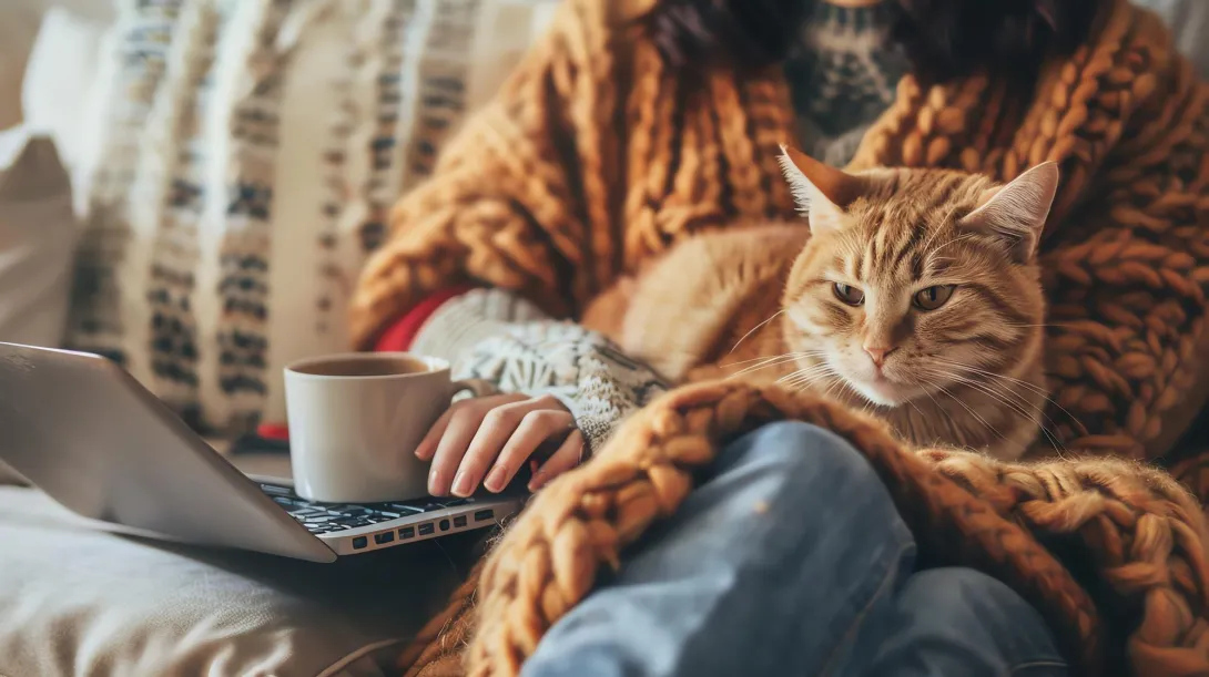 woman and cat sitting on a couch